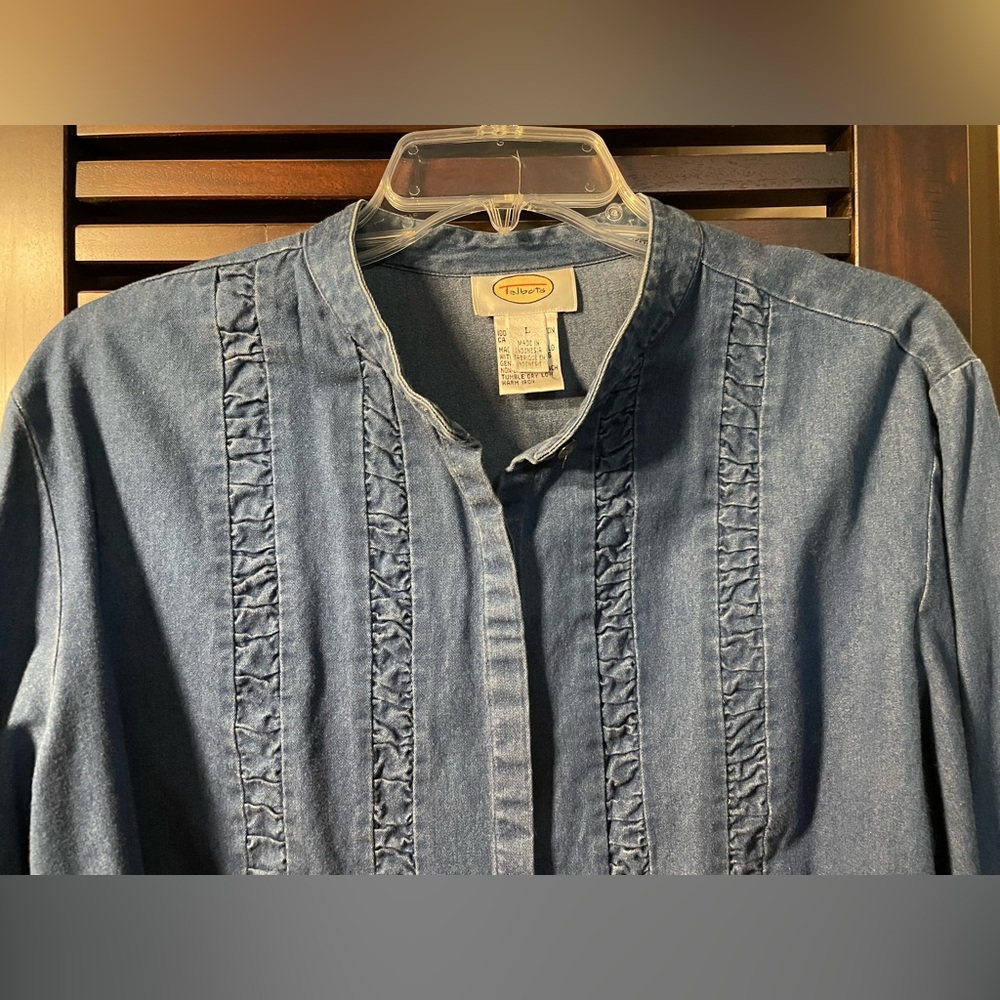 Talbots Denim Ruffled Strip Button Shirt size L